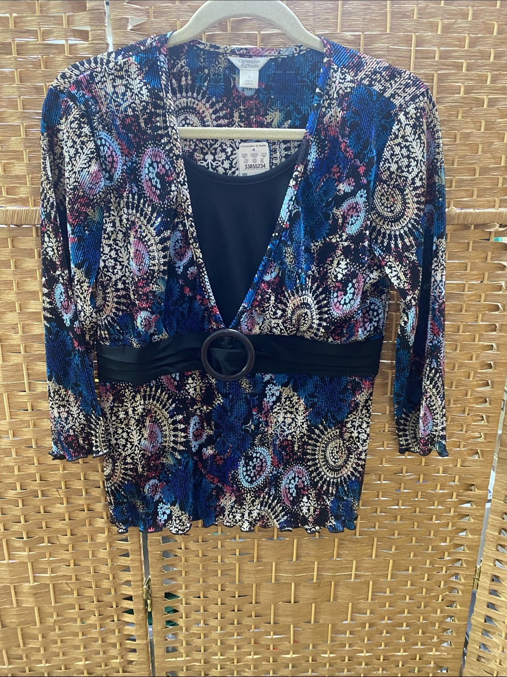 Christopher & Banks Blue Multi-Print V-Neck Top with Belt
